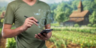 Smart Farm UI hologram system control, maintenance, displaying growth information Nutrients, fertilizers, water, insect pests of trees, plants, and vegetables, use technology in agriculture. photo