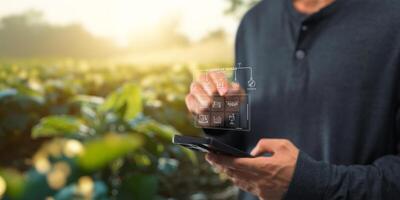 Smart Farm UI hologram system control, maintenance, displaying growth information Nutrients, fertilizers, water, insect pests of trees, plants, and vegetables, use technology in agriculture. photo