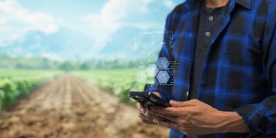 Smart Farm UI hologram system control, maintenance, displaying growth information Nutrients, fertilizers, water, insect pests of trees, plants, and vegetables, use technology in agriculture. photo