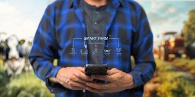 Smart Farm UI hologram system control, maintenance, displaying growth information Nutrients, fertilizers, water, insect pests of trees, plants, and vegetables, use technology in agriculture. photo