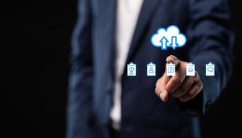 Collect data through the online cloud system big data Hologram Icon photo