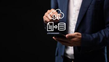 Collect data through the online cloud system big data Hologram Icon photo