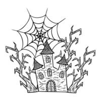 Halloween line art illustration with haunted house, spooky trees and spider web. Abandoned mansion graphic monochrome drawing. Hand drawn outline sketch, engraved doodle. For party invitation vector