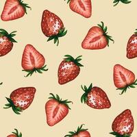 Seamless pattern with juicy strawberries and strawberry halves isolated on white background, hand drawn watercolor illustration. Ideal for background, fabric and textile, postcard, packaging vector