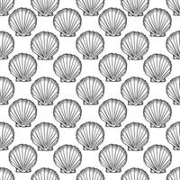 Underwater seamless pattern with seashells line art illustration in black color. Scallop sketch, seashell line drawing. Summer beach seaside print for background, textile, fabric, wrapping paper vector