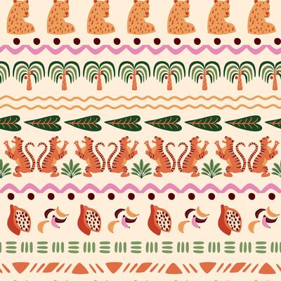 Tropical stripes seamless pattern. Cute tribal ethnic geometric lines, palms tree, abstract hand drawn lines, tiger, jaguar, leaves. Jungle beige background. textile design, wallpaper, print