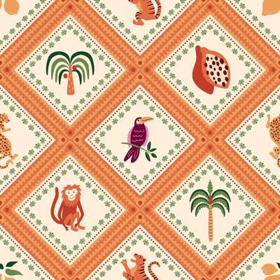 Beige checkered tropical seamless pattern. Geometric summer beach print, ceramic tile background. Tropical palm tree, wild tiger, leopard, palm tree. Cute jungle design, damask rhombus mosaic