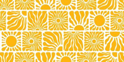 Sun groovy seamless pattern. Various yellow floral hippie square elements, hand drawn abstract wavy pattern in modern retro Matisse style. illustration isolated on transparent background vector