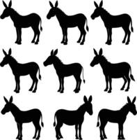 Isolated Donkey Silhouettes in Various Poses on White Background vector