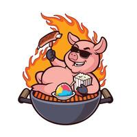 Mascot design of a Pig Relaxing on a BBQ Grill vector