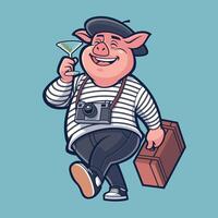 Pig on Vocation carrying a suitcase while enjoying a glas martini vector