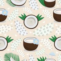 Coconut seamless pattern, nuts with palm leaves, flowers, milk and memphis style elements, colorful endless background vector