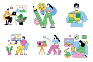 A set of illustrations depicting people working on computers vector