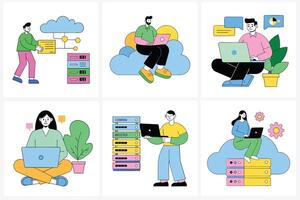 Set of people working on computers and cloud computing vector