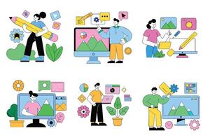 A set of icons depicting people working on computers vector