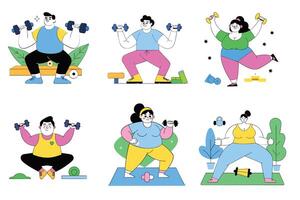 A set of cartoon people doing different exercises vector