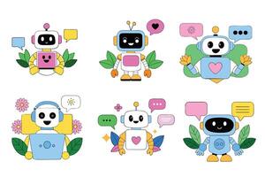 Set of cute robots with speech bubbles vector