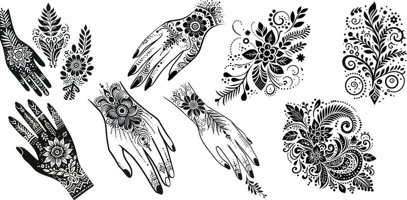 Various henna designs on the hands