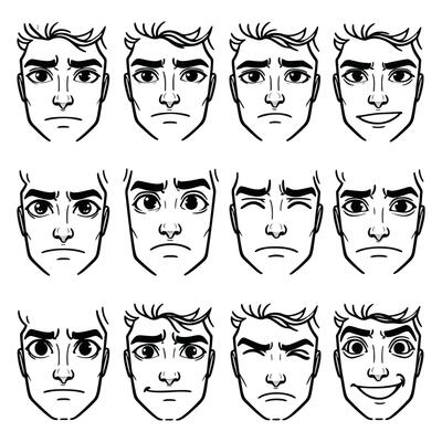 A set of different facial expressions for a man's face