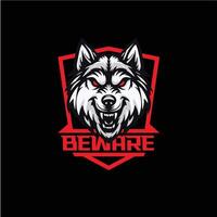 The wolf's grinning head indicates how angry he is, with a shield behind him, and the words beware. Can be used to create logo designs. vector