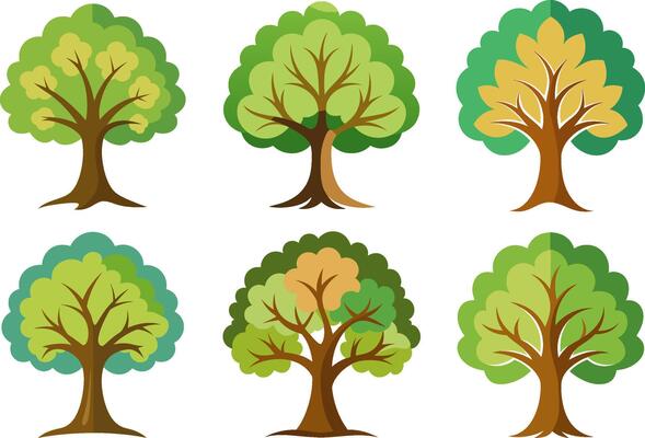 Collection of Stylized Trees with Varied Green and Yellow Canopies