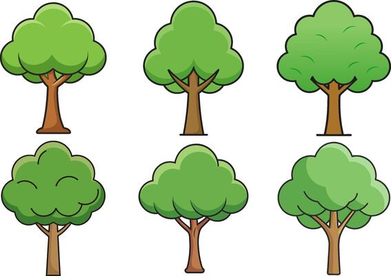 Set of Cartoon-Styled Trees with Green Canopies