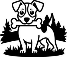A black and white dog with a bone in its mouth vector
