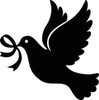 A black and white silhouette of a dove with a ribbon vector