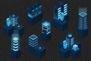 3d isometric concept big data center with server. Cloud computing. Network mainframe infrastructure. Isometric high technology concept vector