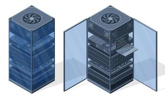 Isometric server. Server racks. Server boxes isolated. Network server room. Computer network technology. illustration vector