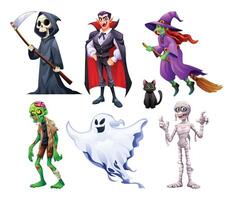 Set of Halloween character with grim reaper, vampire, witch with black cat, zombie, mummy, and spooky ghost. Cartoon illustration. vector