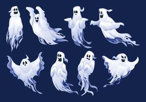 Set of spooky and whimsical ghost characters in different poses, perfect for Halloween themes. Cartoon illustration vector