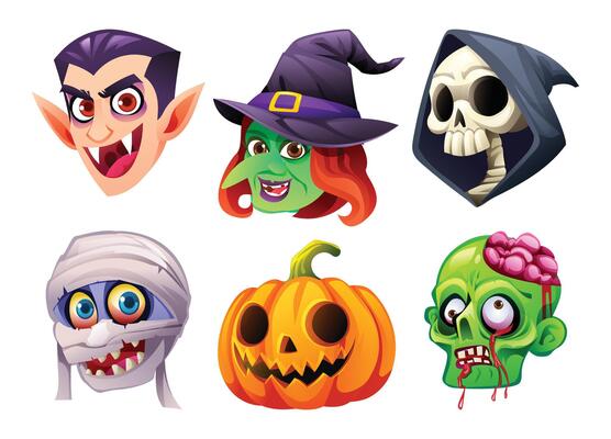 Halloween character faces including vampire, witch, grim reaper, mummy, pumpkin, and zombie. Cartoon illustration