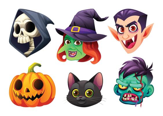 Set of Halloween character faces featuring grim reaper, witch, vampire, pumpkin, black cat, and zombie. Cartoon illustration