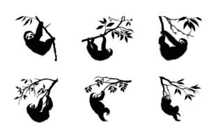 Sloth Hanging on Branch Silhouette Set vector