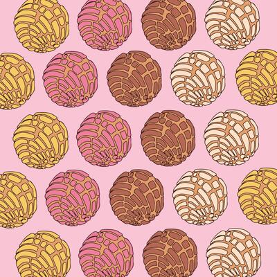 Cute Mexican Concha bread, traditional Mexican bread, pattern illustration, fashion, fabric, textile, wallpaper, cover, web, wrapping
