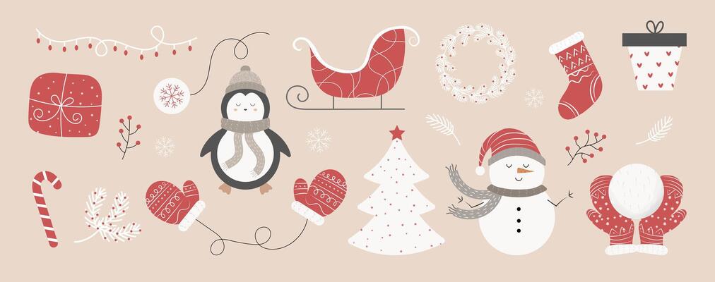 Christmas set of elements. Snowman, Christmas tree, sled, sock, glove. Textured illustration