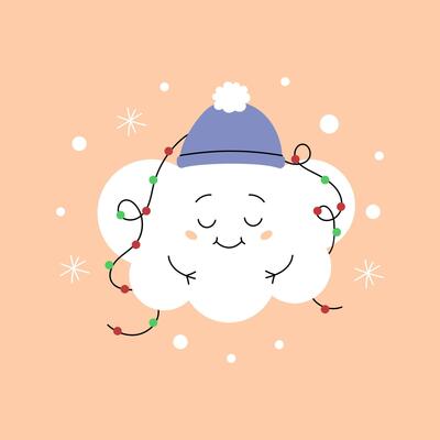 Cute winter cloud with a smiling face with a garland. illustration