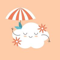 Cute summer cloud with a smiling face with a beach umbrella. illustration vector