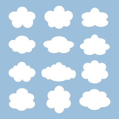 Set of white clouds. Different variations of shapes. Flat illustration.