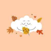 Cute autumn cloud with a smiling face holding an autumn leaf. illustration vector