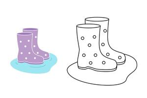 Purple rubber boots with white polka dots standing in puddle. Hand drawn simple linear drawing of shoes. Illustration of rubber boots and fall weather. Autumn coloring book of for kids. vector