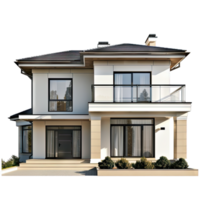 Modern house exterior with large windows, a balcony, and landscaped garden, showcasing contemporary architecture and design. png