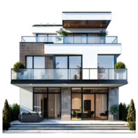 Modern house with sleek design, large windows, and elegant balcony surrounded by greenery, ideal for real estate and architecture. png