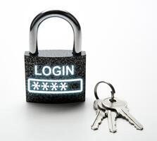 durable padlock with password login with keychain on white photo