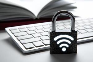 padlock with passwrod wi-fi with the computer keyboard on desktop Internet security photo