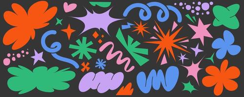 Abstract organic shapes on dark background. Doodle graphic of modern elements. Cute flower star and hand drawn playful scribbles. Trendy funky figures. Groovy simple naive art vector