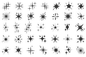 Star icons. Bling and sparkle shapes. Retro Y2K graphic design elements set. Vintage twinkle starburst. Abstract simple 70s black Christmas symbols vector
