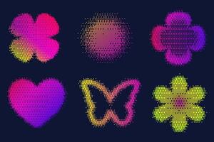 Pixel pattern shapes. Textured heart flower and star with bitmap Y2k dither gradient. Retro butterfly with old computer game graphic effect. Halftone grunge illustration vector