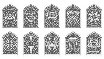 Church glass windows. Gothic arch frame with medieval symbols. Vintage architecture elements. Stained mosaic decoration set with crown, heart, shield and sword vector